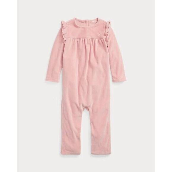 Polo Ralph Lauren BABY GIRLS Pink Ruffled Velour Coverall 12 Month PJ - Picture 1 of 6